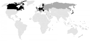 Figure 3 A map from Wikipedia that shows countries (in black) that fully signed up for  Kyoto. Canada has since unsigned and Japan, post Fukushima, has decided that having the lights on, powered by natural gas, is preferable to futile attempts to reduce CO2 emissions. The handful of EU countries left in the middle are deluded if they believe their unilateral actions are going to make any difference at all to global CO2 emissions.