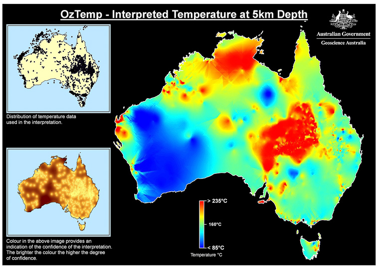 Geothermal map of Australia. The hot red centre is mostly the Cooper Basin - where companies like Geodynamics are drilling geothermal projects.