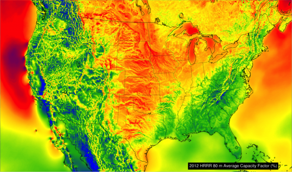 wind power potentials for US, red high, blue low (Chris Clack/CIRES)