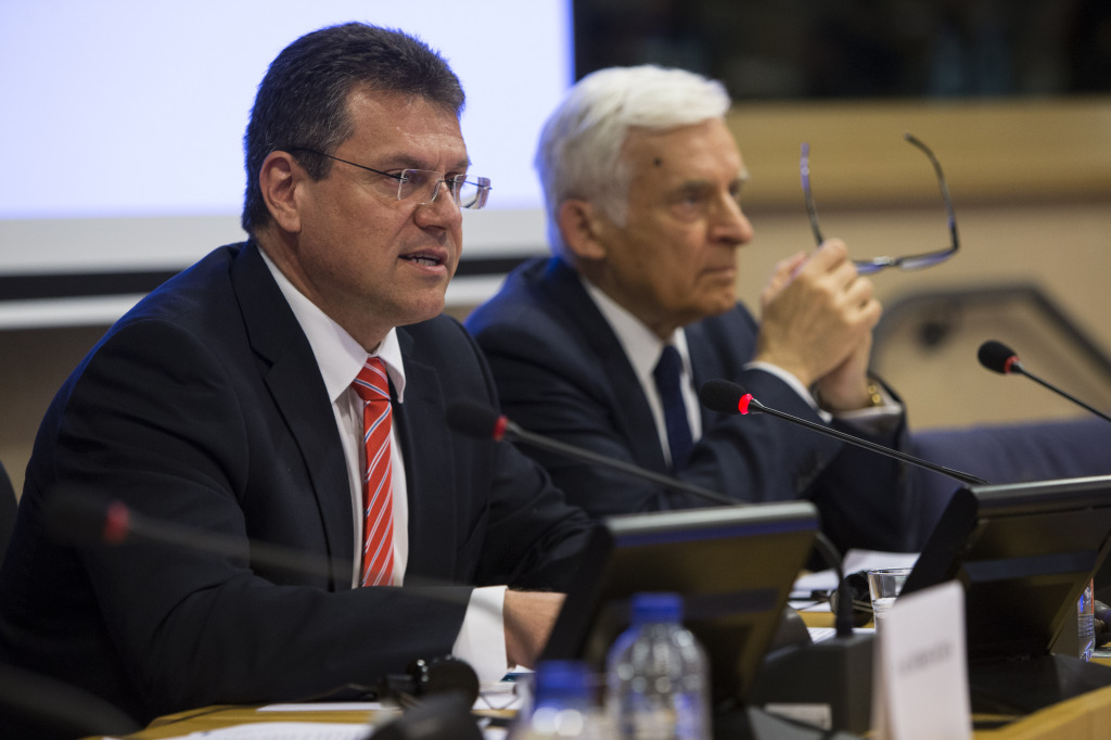 Šefčovič and Buzek at the debate in Brussels on 6 April