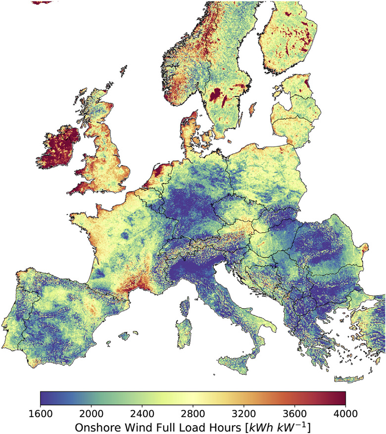 Average annual wind capacity factor mapped across Europe, not including any consideration of how suitable land is for windfarms. (Ryberg et al., 2019)